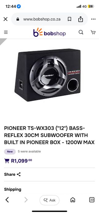 Subwoofer Pioneer TS-WX303 (“12”’) bass-reflex 30cm with built in Pioneer box - 1200W max