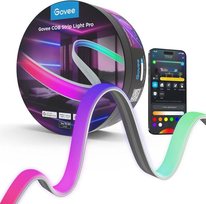 Govee COB LED лента Pro, LED светлини съвместими с Alexa, Google Assistant и Matter, RGBICW светлина с топло бяло, променяща цвета си светлинна лента