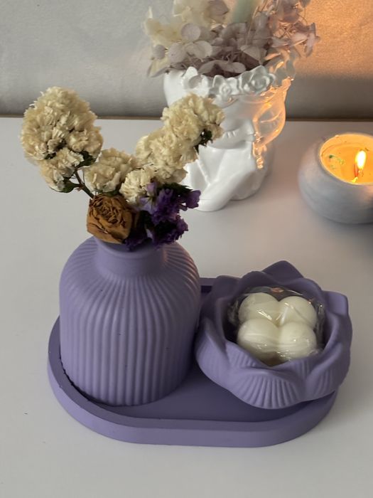 Лавандовый подарочный набор | свеча, поднос, ваза с сухоцветами