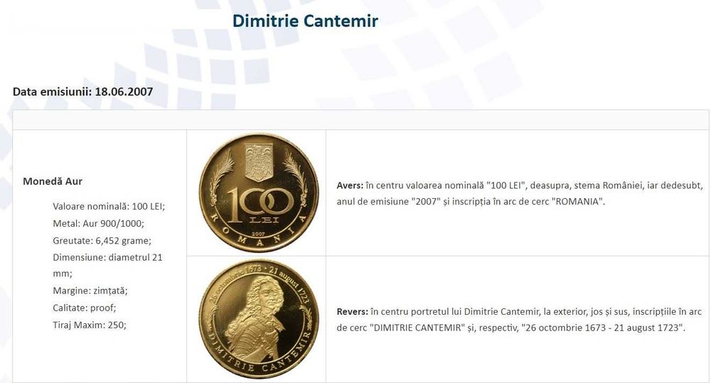 Moneda BNR 100 lei aur Dimitrie Cantemir gradata NGC PF 69 UC