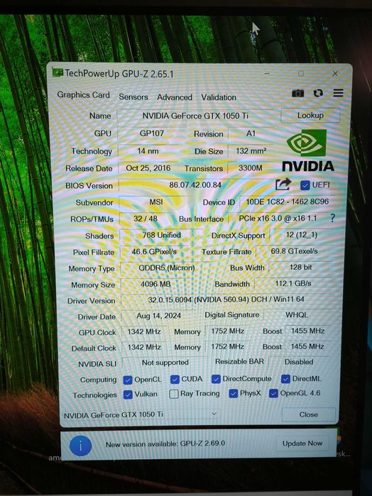 Placa video MSI GeForce GTX 1050 Ti AERO ITX OCV1 4GB GDDR5 128 bit
