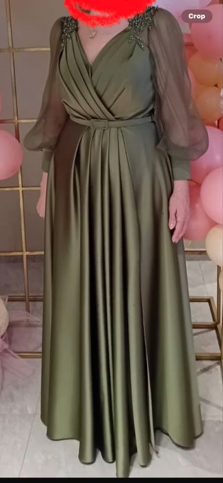 Rochie satin duchesse si organza, verde