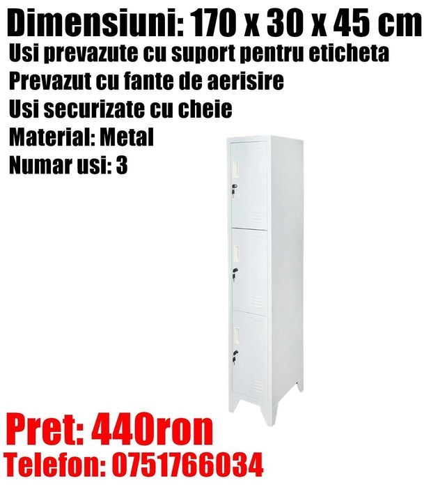 Dulap Vestiar Cabinet Depozitare Organizator Metalic 3 Usi 170x30x45cm