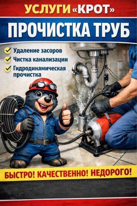Услуги крот Прочистка труб любой ! Крот чистка канализации!