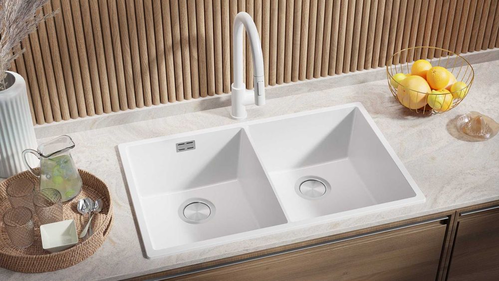 Бял гранитна мивка с две корита за вграЛондон 80 Twin 760 x 470 мм