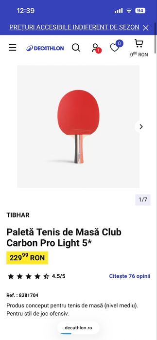 Paletă Tenis de Masă Tibhar Club Carbon Pro Light 5*