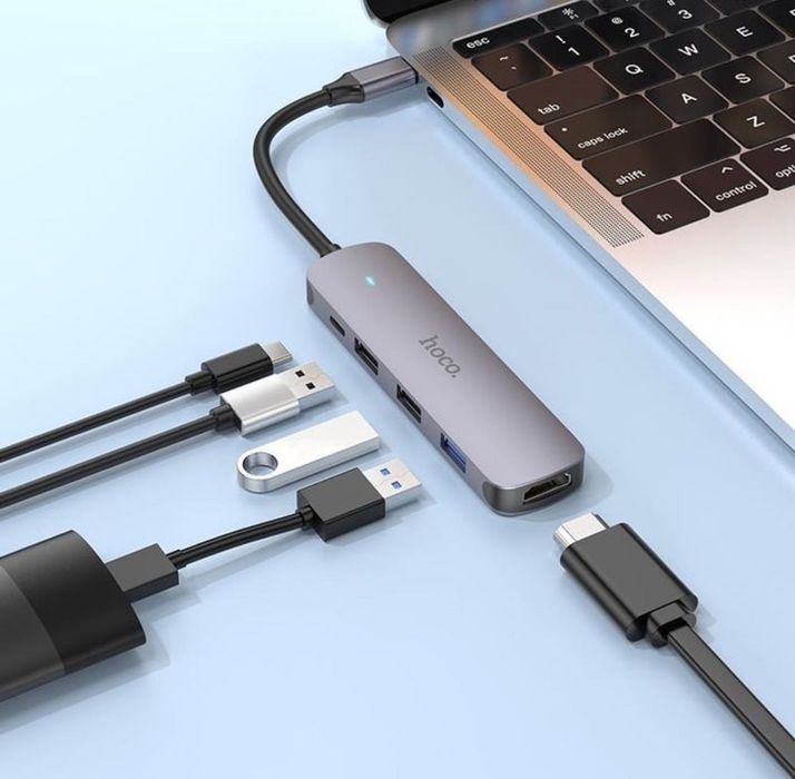 Type-C хаб Hoco HB27: 100w, HDTV, USB 3.0, 2×USB 2.0, PD зарядка HUB