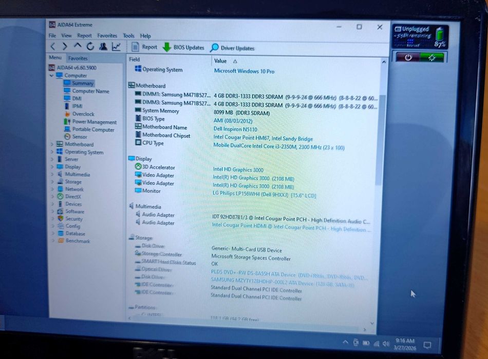 Dell Inspiron N5110 Core I3, 8GB RAM, SSD 128GB, HD3000, baterie 2 ore