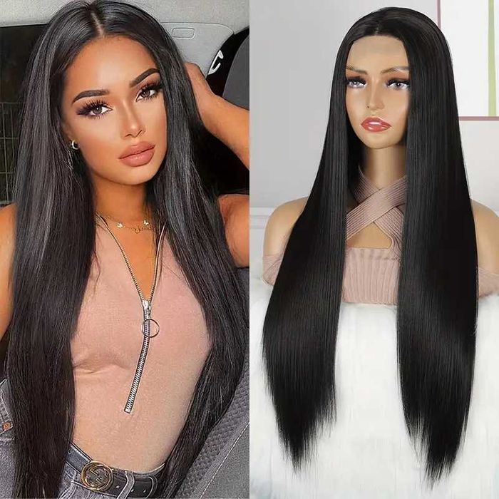 Черна синтетична 80 см права плътна перука с дантела 1X4 T-Part на път