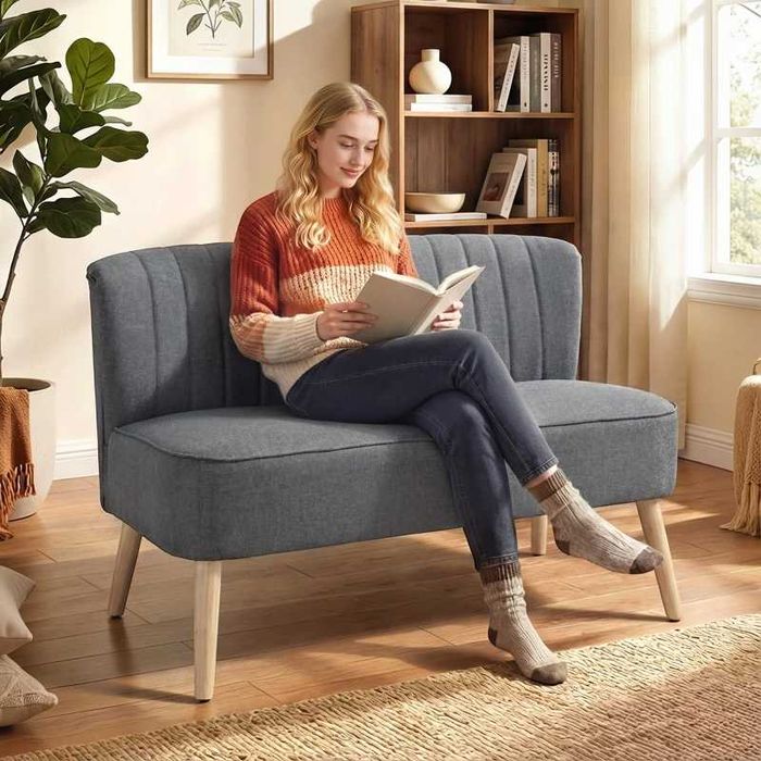 Двуместен диван HOMCOM, тапициран с ленен вид, дървена рамка, 117 см