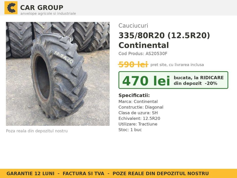 CAUCIUCURI 335/80R20 12.5R20 335 80 R20 Continental Anvelope Tractor Punte Fata 4x4 John Deere Case New Holland Fendt SH GARANTIE Factura TVA Livrare