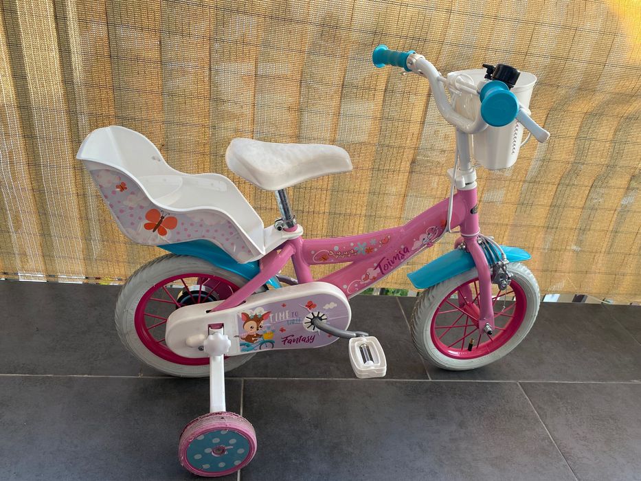Bicicletă copii 12” Toimsa cu roți ajutătoare și scaun pentru păpuși – stare foarte bună
