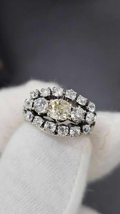 Art Deco пръстен с естествени диаманти – 14К бяло злато, Old Mine Cut