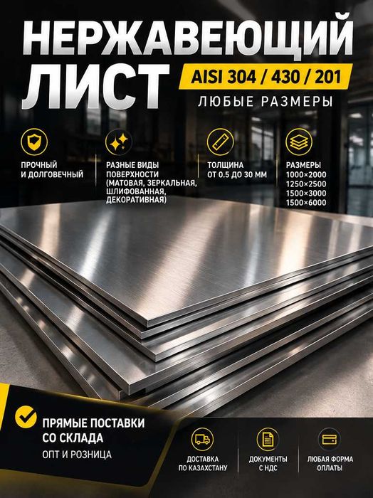 Нержавейка листовая AISI 304, 430, 201 | Любые размеры