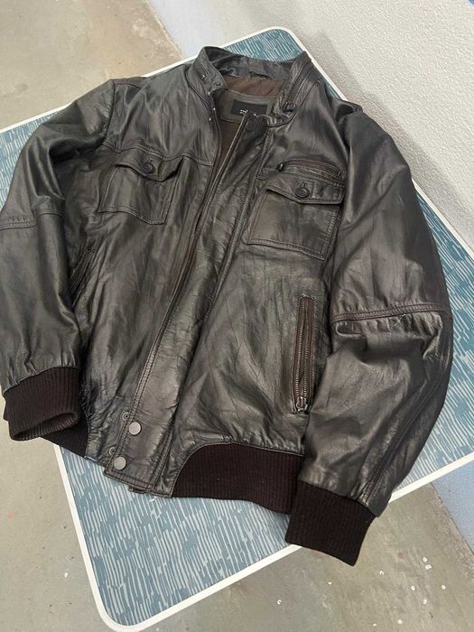 Geacă de piele bărbați ZARA MAN, mărimea L, neagră – piele naturală, model bomber