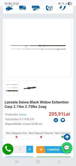 Lanseta daiwa black widow extension 2.7m