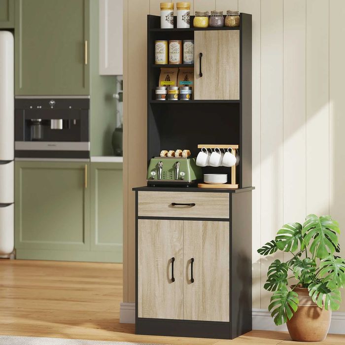 Dulap Bucatarie Modern , Stil Soldat Negru si Lemn , HOMCOM