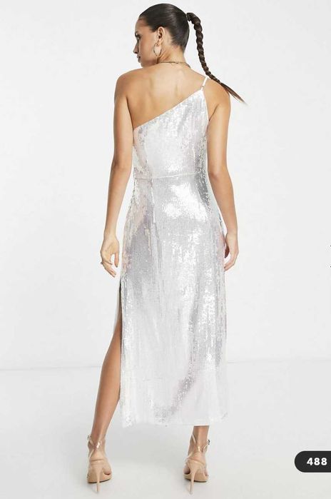 Pretty Lavish дълга рокля с пайети, сребрист/бяла, едно рамо, р-р S
