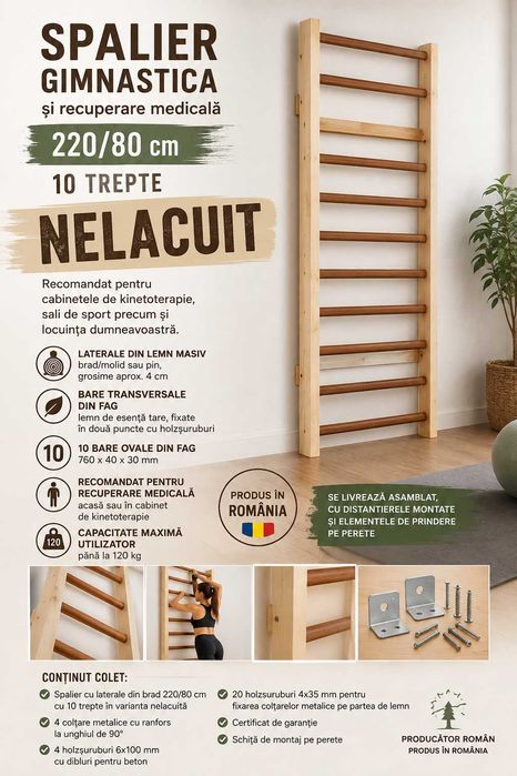 Spalier gimnastica 220/80 cm (10 trepte), nelacuit
