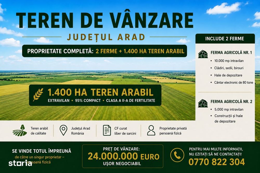 Vand Ferma Agricolă cu Teren Agricol 1400 hectare in Judetul Arad.