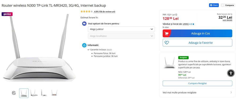 Router wireless N300 TP-Link TL-MR3420, 3G/4G, Internet backup