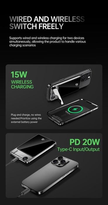 Baterie Externa Wireless MagSafe, Incarcare Rapida 20W Apple Watch, Suport Pliabil din Aluminiu, Display Digital LED, Design Slim Ultra-Subtire
