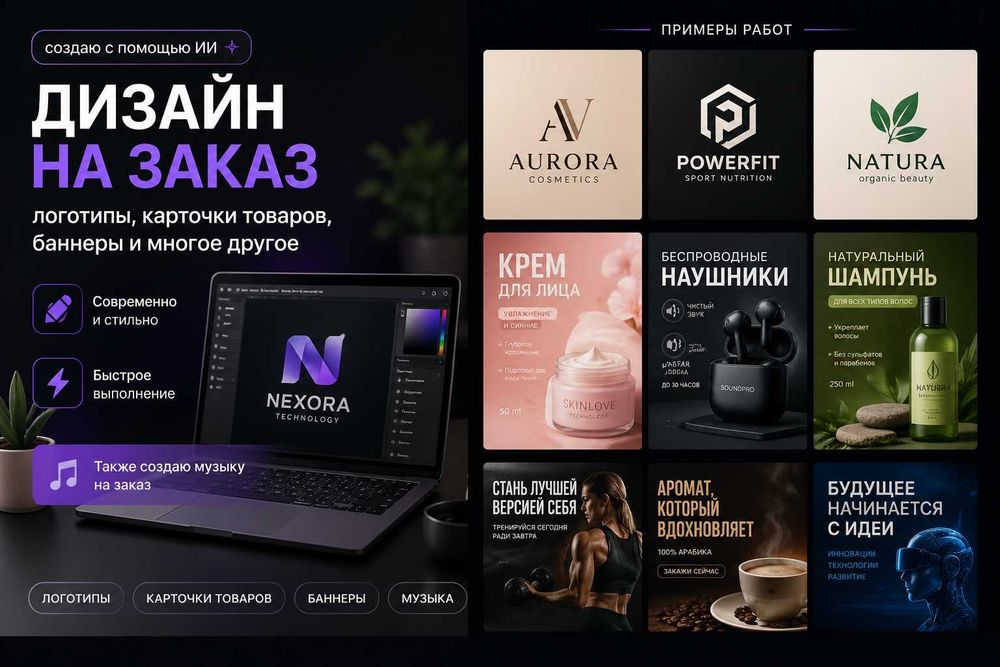 Современный дизайн логотипов и карточек товаров и другие виды ИИ-услуг