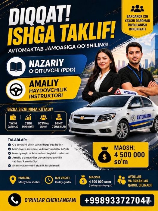 Avto instruktor kerak Avtomaktabga
