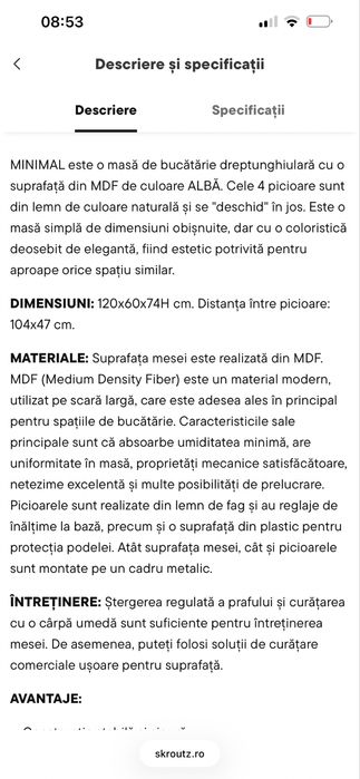 Masa 120x60x74H mdf alb