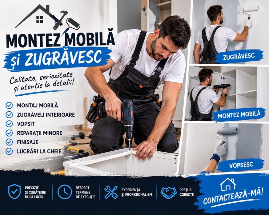 Montaj mobila. Execut lucrari de zugraveli si finisaje interioare