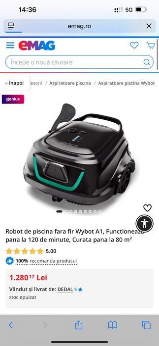 Robot de piscina fara fir Wybot A1, Functioneaza pana la 120 de minute