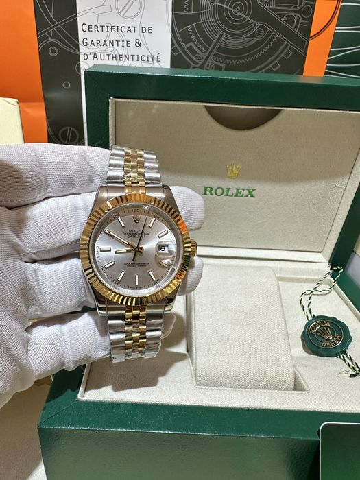 Ceas Rolex Date Just Argintiu si Auriu cu Cadran Argintiu