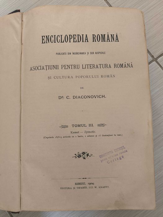 ENCICLOPEDIA ROMANIEI de Dr. C . Diaconovich , Tomul III , 1904, Sibiu