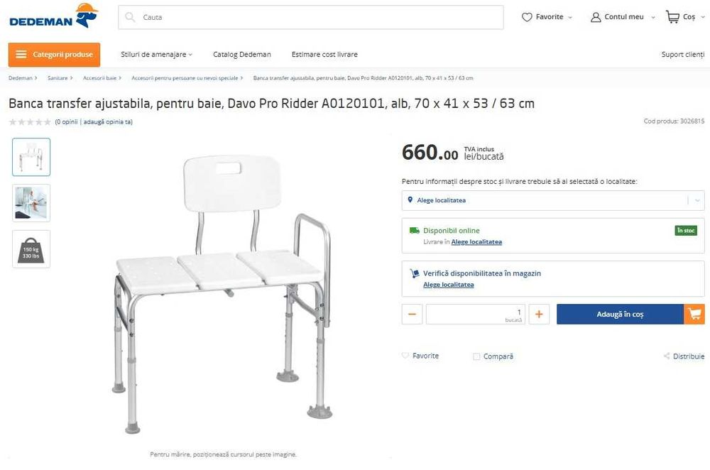 Bancă de transfer pentru seniori / persoane cu deficiente locomotorii