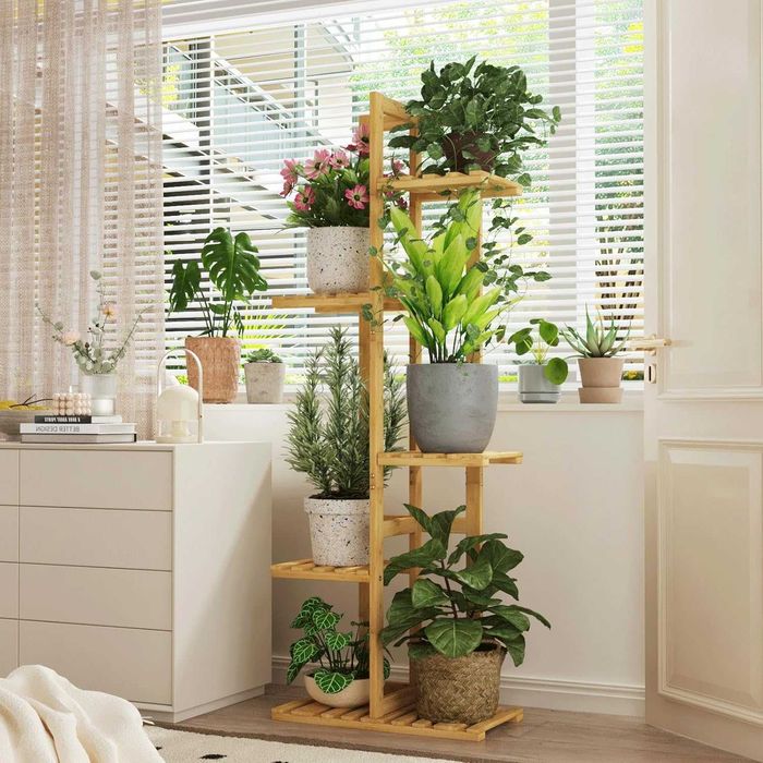 Цветарник от бамбук, пет нива, натурален цвят/дървесен, разглобяем