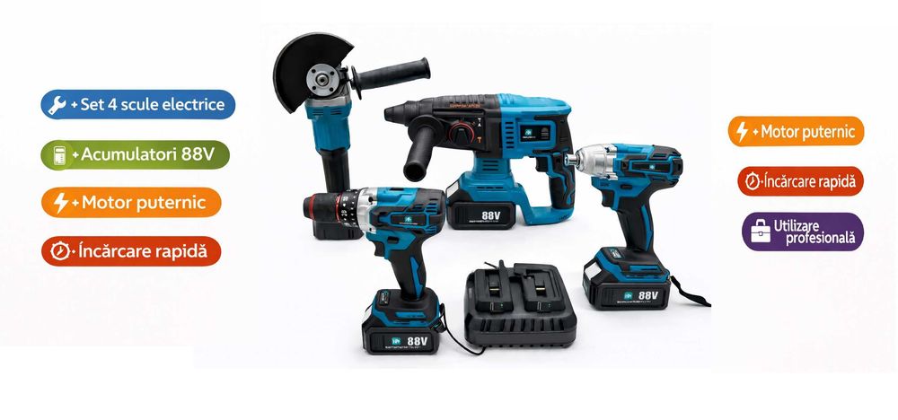 Set 4 Scule Electrice 88V Flex Bormasina Rotopercutor Impact