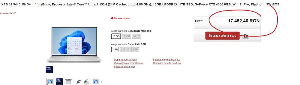 Laptop Dell XPS 14 9440 14.5" Ultra 7 155H 16GB Ram RTX 4050 1TB NOU