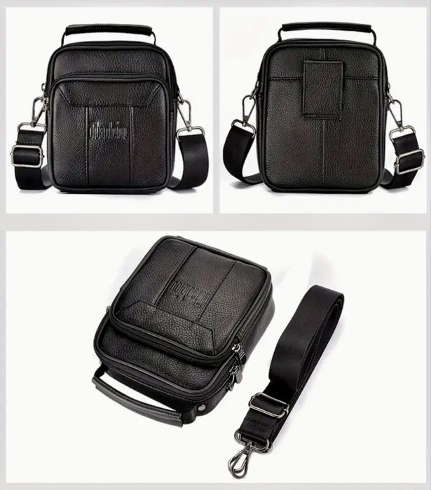 Мъжка черна кожена чантичка с дръжка/Премиум естест. кожа -10%Промоция