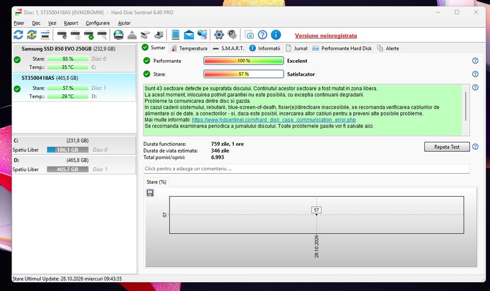 HDD 500GB sănatate 57%