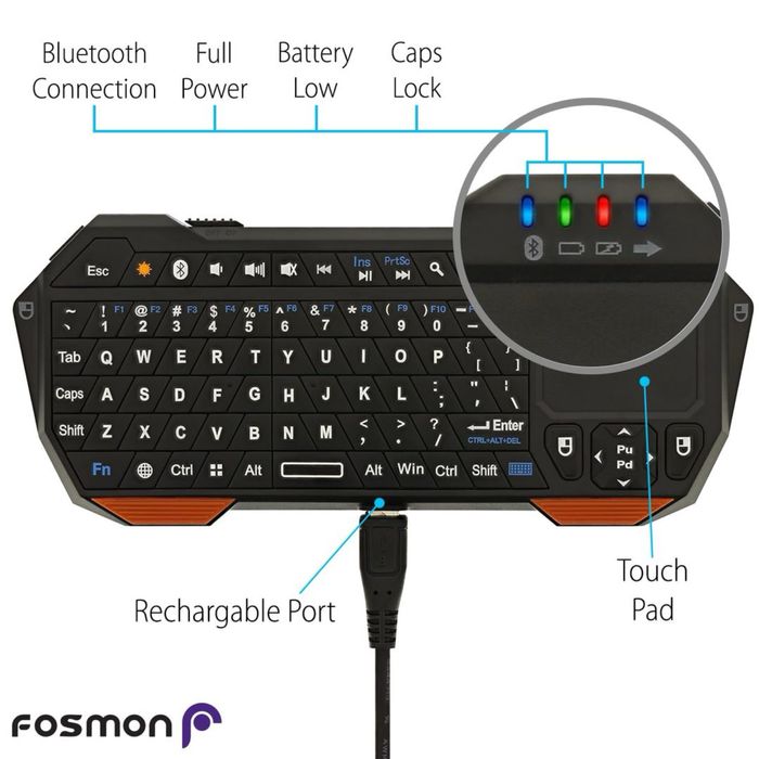 Tastatură Bluetooth Mini Fosmon Portabilă Fără Fir cu Touchpad - Negru