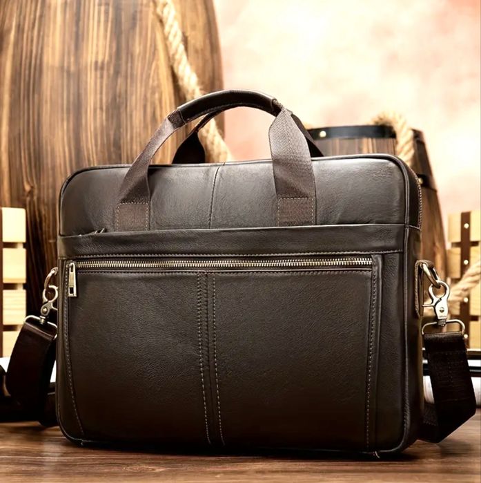 Мъжка кожена бизнес чанта за лаптоп 15,6”/Черна и Кафява естест. кожа!