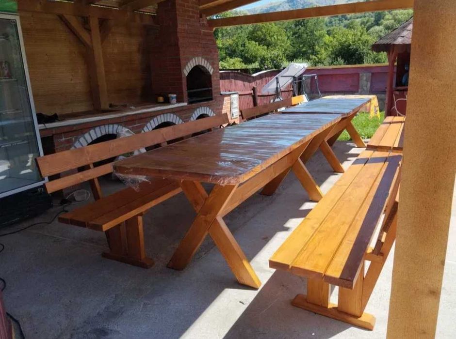 Set mobilier gradina lemn masiv masa și 2 bănci, nuanță stejar