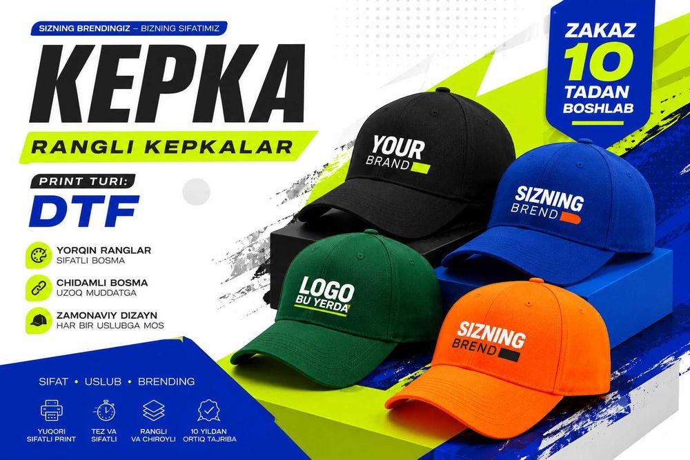Rangli kepkalar pechat | Kepka logotip | Кепки с логотипом | DTF