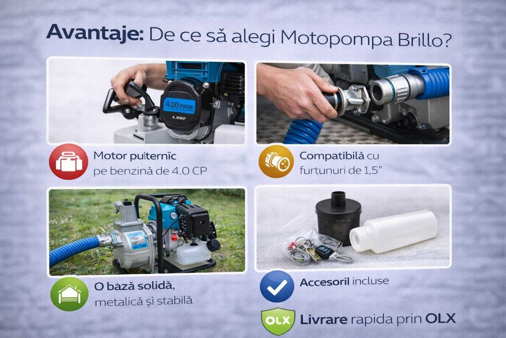 Motopompa Brillo 4CP pe benzina, 4.0 CP – debit mare 9000 l/h