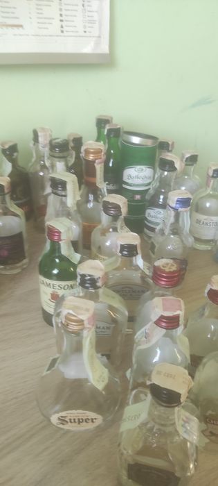 Мини бутилки от алкохол.Сет мини бутилки уиски 47бр 20е.Бутилки от ракия сет 8е.Комплект всички общо 25е.Подарък 10бр пластмасови бутилки от уиски50мл