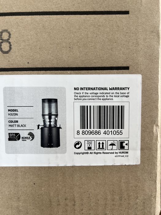 Storcator de fructe si legume H320N, Hurom, 150 W, 1 L, Negru mat
