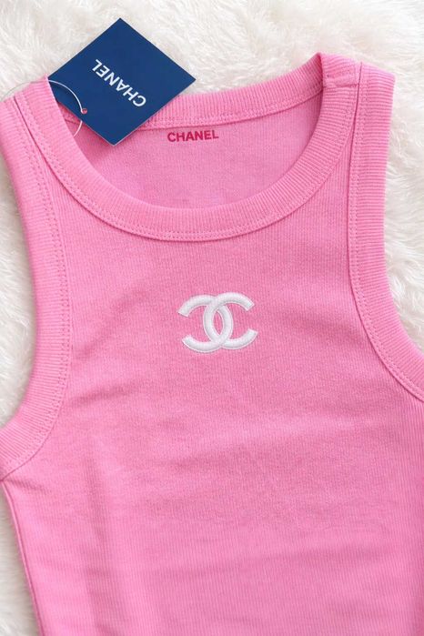 нов бял топ потник розов на шанел памучен рипсен рипс chanel горница нова тениска лятна летен