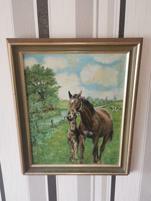 Антикварна картина летен пейзаж коне кобила жребче маслени бои платно