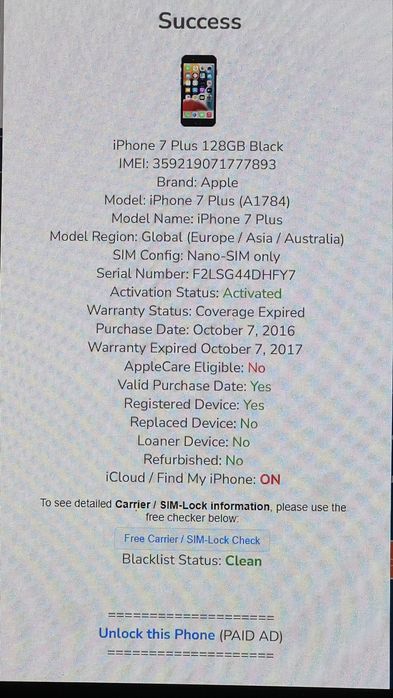 Iphone 7 plus + 128gb заключен icloud за части