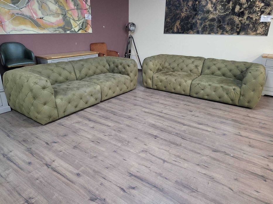 Зелен комплект дивани от плат набук две тройки тип Честърфийлд